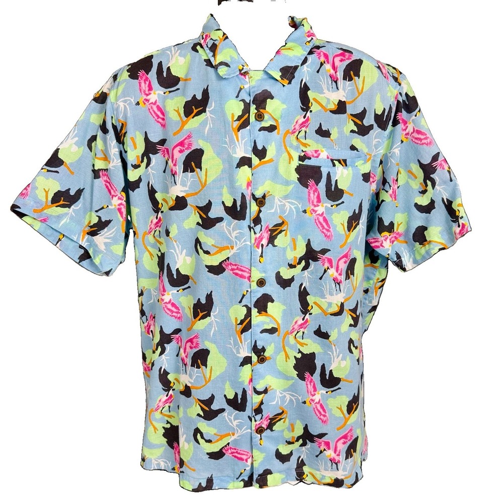 Patagonia Organic Cotton Hemp AC Shirt Button Mens XL Blue Pink Spoonbills Aloha
